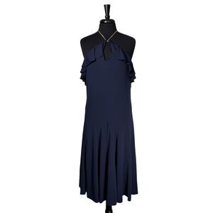 Ralph Lauren Women 14 Navy Blue Gold Chain Halter Ruffle Dress Open Back Elegant